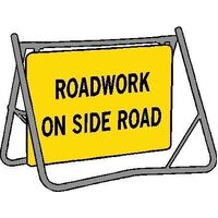 ROADWORK ON SIDE ROAD (900 x 600mm) Non Reflective Metal Sign w/ Swing Stand
