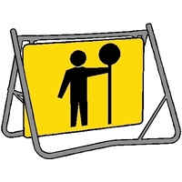 SYMBOLIC STOP/SLOW MAN DAY Non Reflective Metal Sign w/ Swing Stand (Size 600 x 600mm)