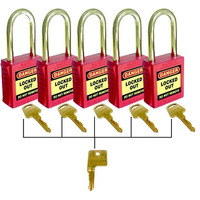 Lockout Tagout LOTO Premium Red Safety Padlock 42mm (Set of 5 With Master Key)