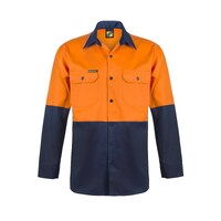 WORKCRAFT Heavyweight 2T Hi-Vis Cotton Drill Long Sleeve Shirt Orange/Navy