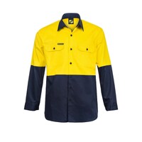 WORKCRAFT Heavyweight 2T Hi-Vis Cotton Drill Long Sleeve Shirt Yellow/Navy