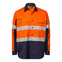 WORKCRAFT Lightweight RIPSTOP 2T Hi-Vis Long Sleeve Vented Hoop Taped Shirt Orange/Navy